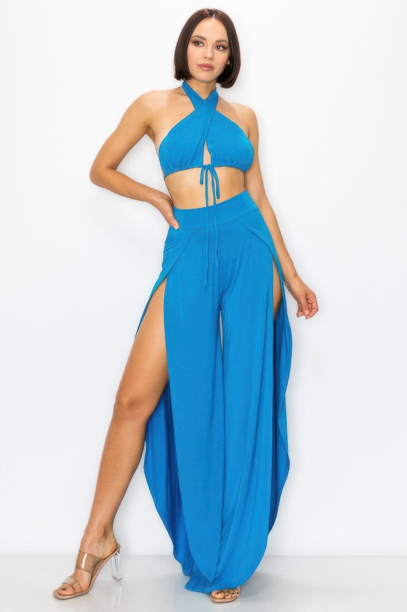Cerulean Blue Halter Crop Top & High-Slit Wide Leg Pant Two-Piece Set