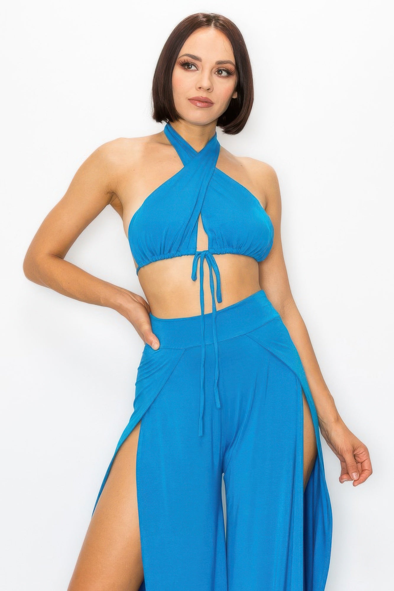 Cerulean Blue Halter Crop Top & High-Slit Wide Leg Pant Two-Piece Set