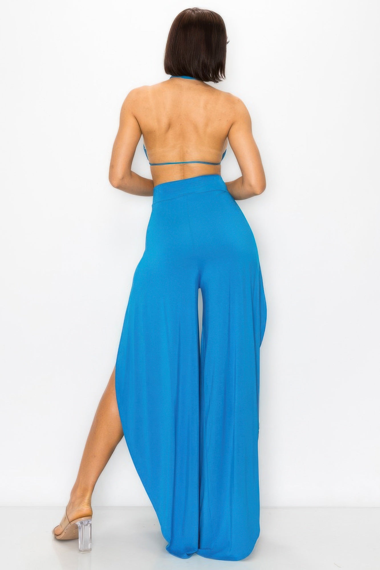 Cerulean Blue Halter Crop Top & High-Slit Wide Leg Pant Two-Piece Set