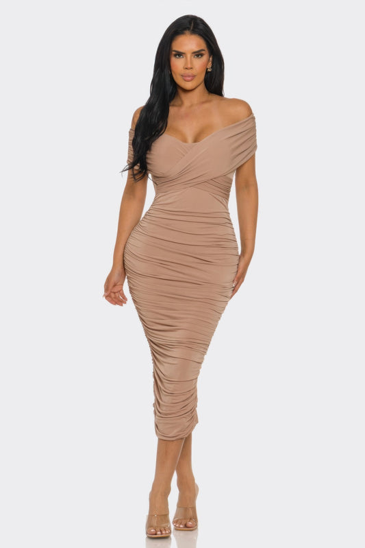 Elysian Off-Shoulder Draped Midi Dress - Sophisticated Bodycon Silhouette L