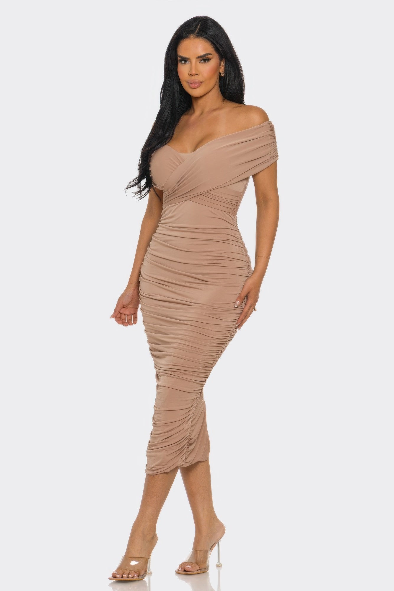 Elysian Off-Shoulder Draped Midi Dress - Sophisticated Bodycon Silhouette