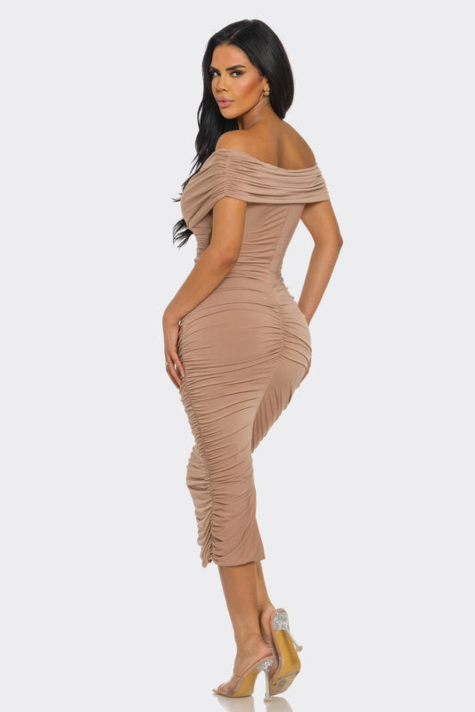 Elysian Off-Shoulder Draped Midi Dress - Sophisticated Bodycon Silhouette