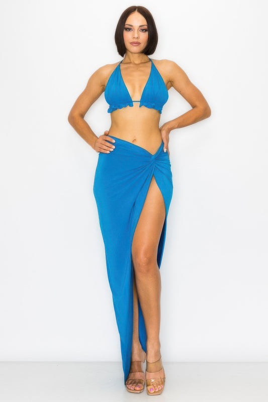 2-Piece Modal Bra Top and High-Slit Maxi Skirt Set | Coastal Blue L
