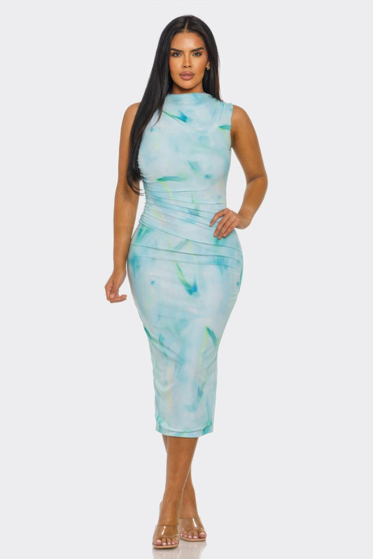 Serena Watercolor Midi Dress - Turquoise & Green Sleeveless Cocktail Party Dress L