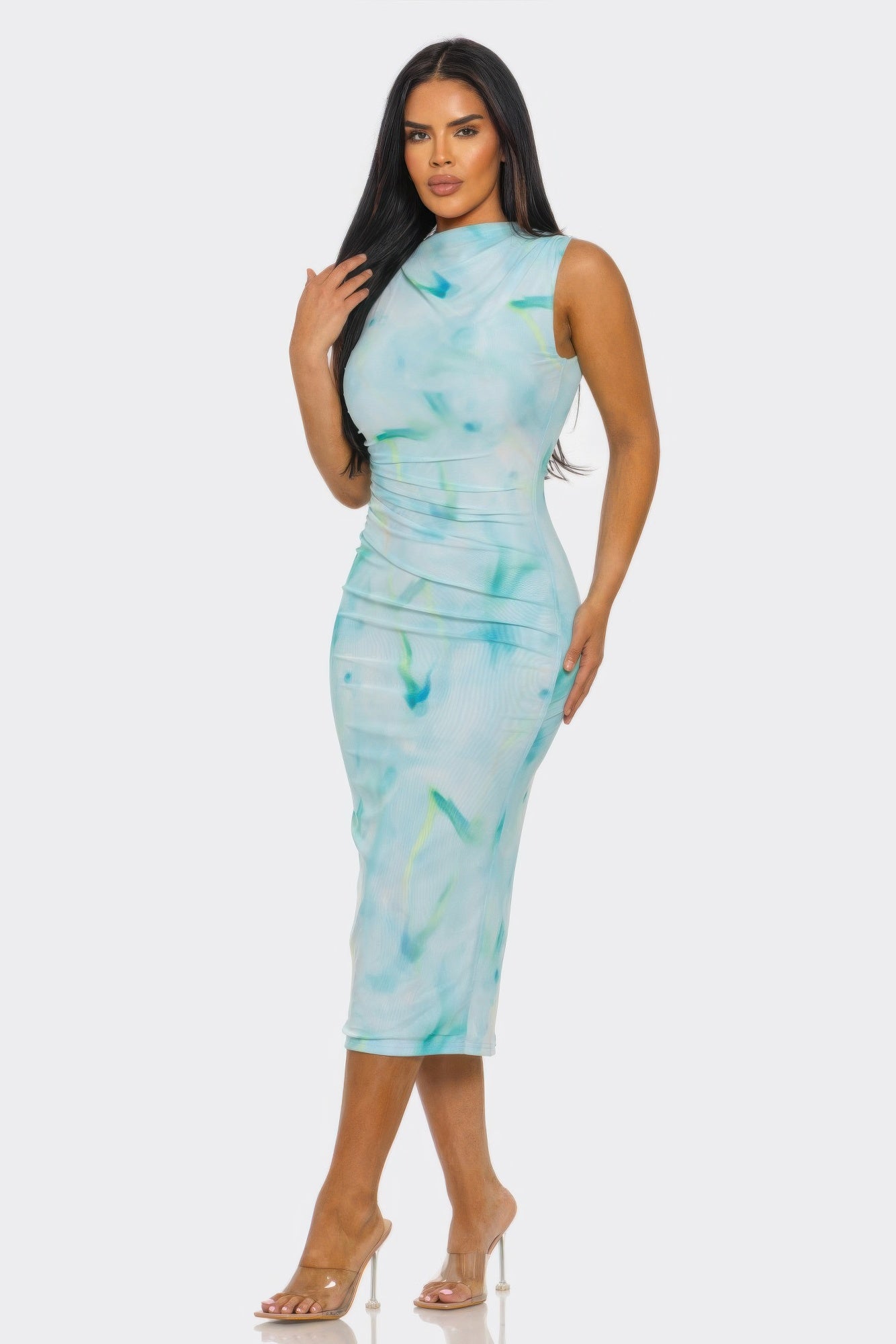 Serena Watercolor Midi Dress - Turquoise & Green Sleeveless Cocktail Party Dress