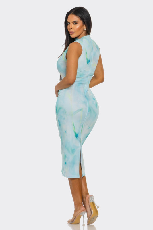 Serena Watercolor Midi Dress - Turquoise & Green Sleeveless Cocktail Party Dress
