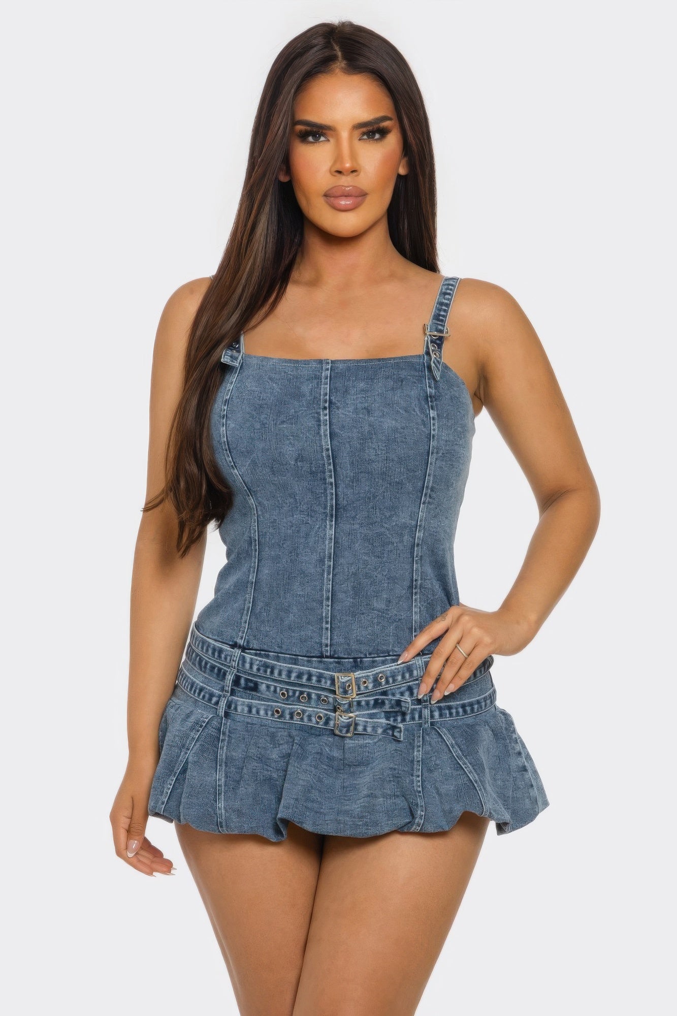 Belted Denim Mini Romper Dress with Ruffle Skirt Overlay L