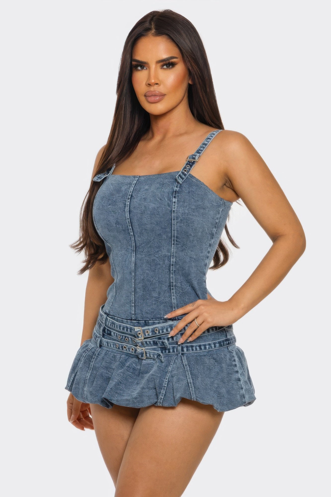 Belted Denim Mini Romper Dress with Ruffle Skirt Overlay