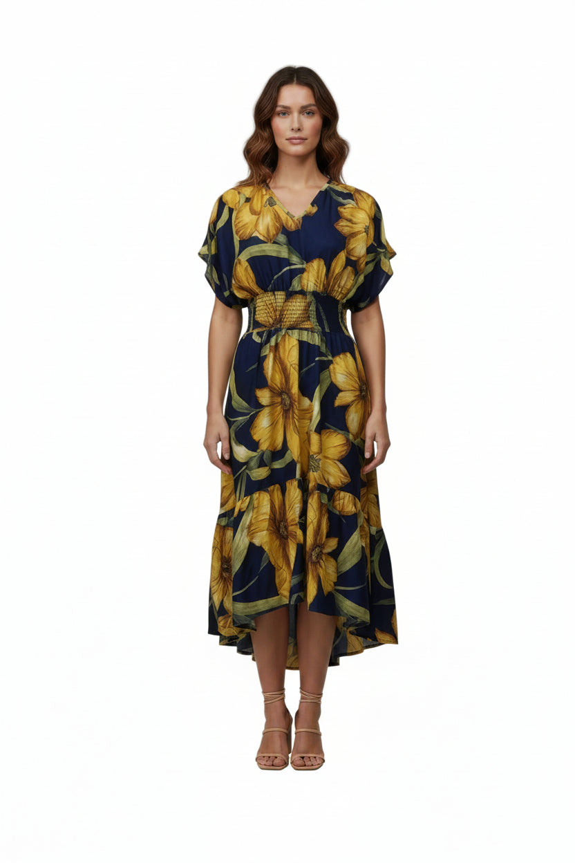 The Mlle Gabrielle – Floral V-Neck High-Low Midi Dress XL Floral