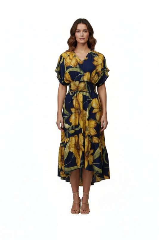 The Mlle Gabrielle – Floral V-Neck High-Low Midi Dress XL Floral