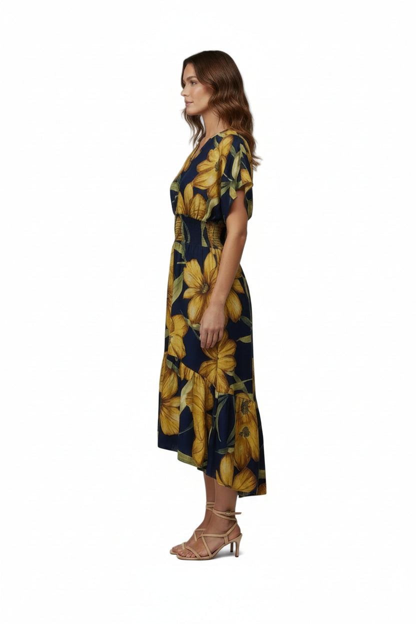 The Mlle Gabrielle – Floral V-Neck High-Low Midi Dress L Floral