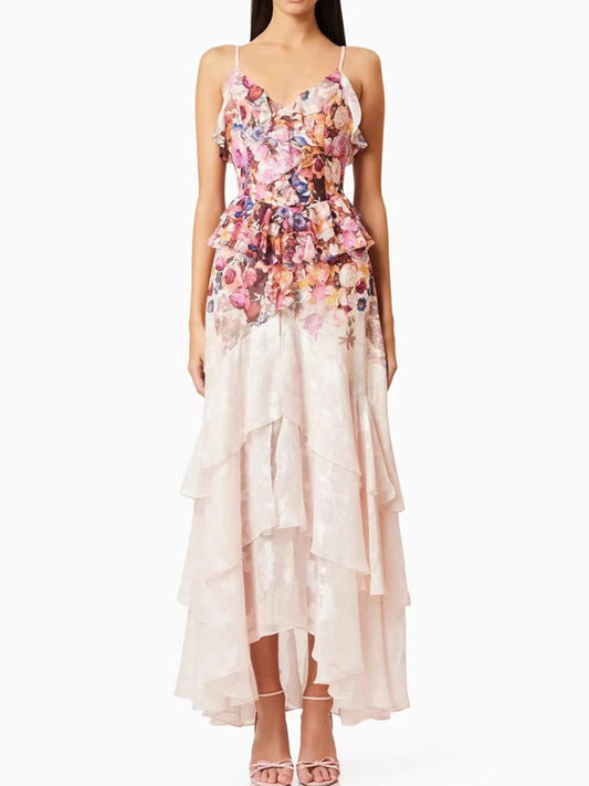 Women's Enchanted Pink Floral Sleeveless Maxi Dress |Chiffon Style Ruffled Tiers Pink