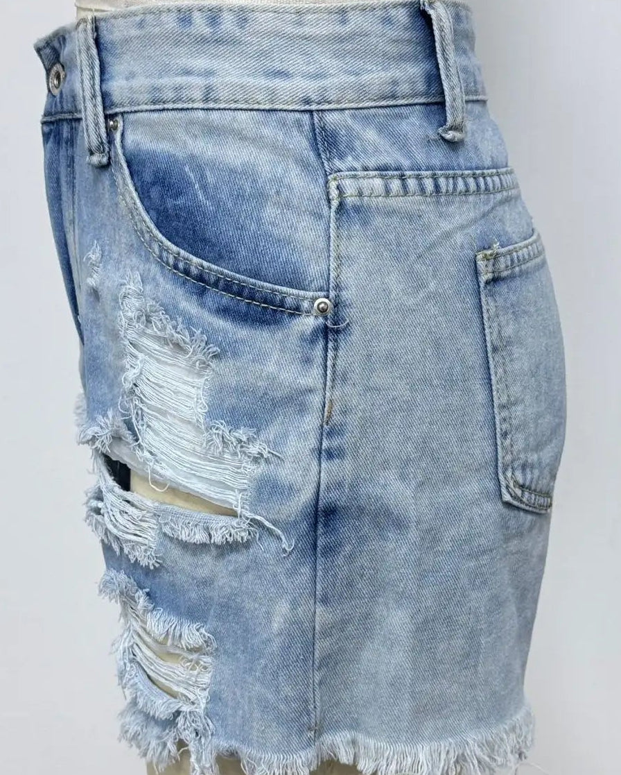 Ripped High-Waist Denim Shorts with Pockets