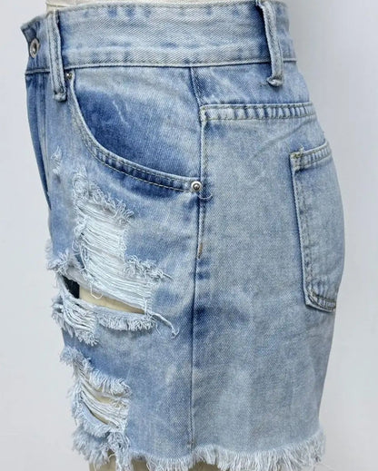 Ripped High-Waist Denim Shorts with Pockets