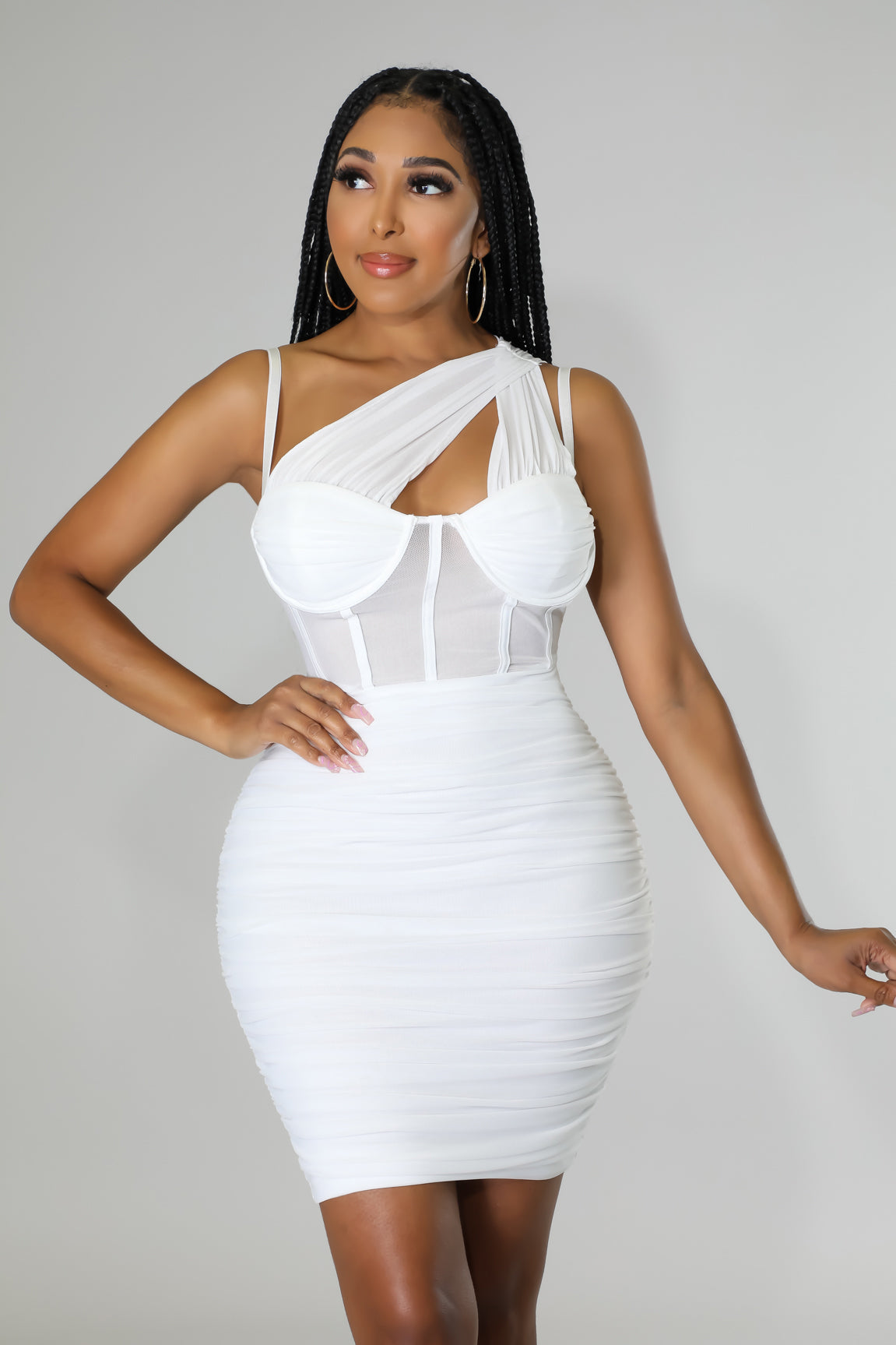 Flirtatious Honey One Shoulder Stretch Mini Dress