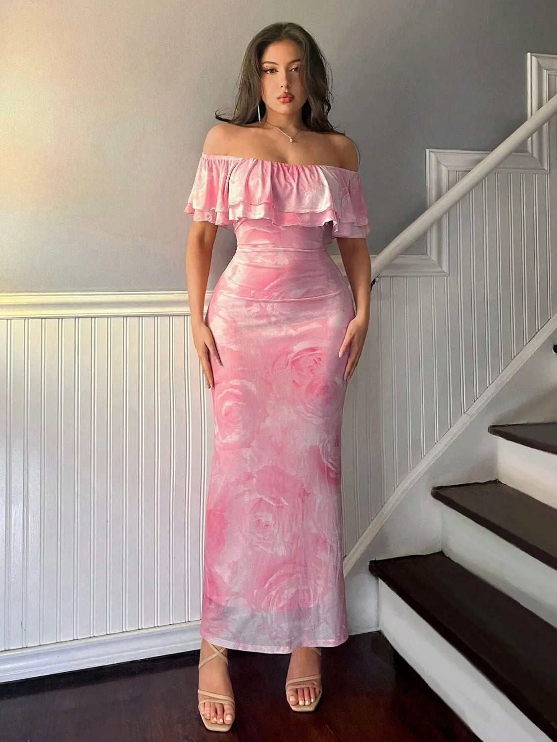 Pink Marble Off-The-Shoulder Ruffled Layered Maxi Dress