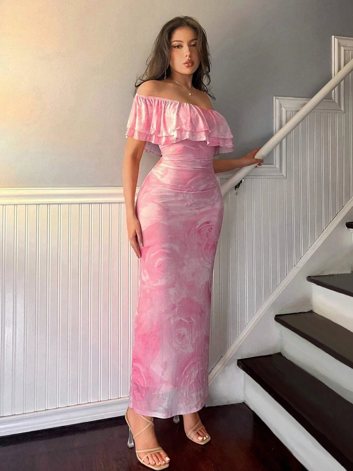 Pink Marble Off-The-Shoulder Ruffled Layered Maxi Dress