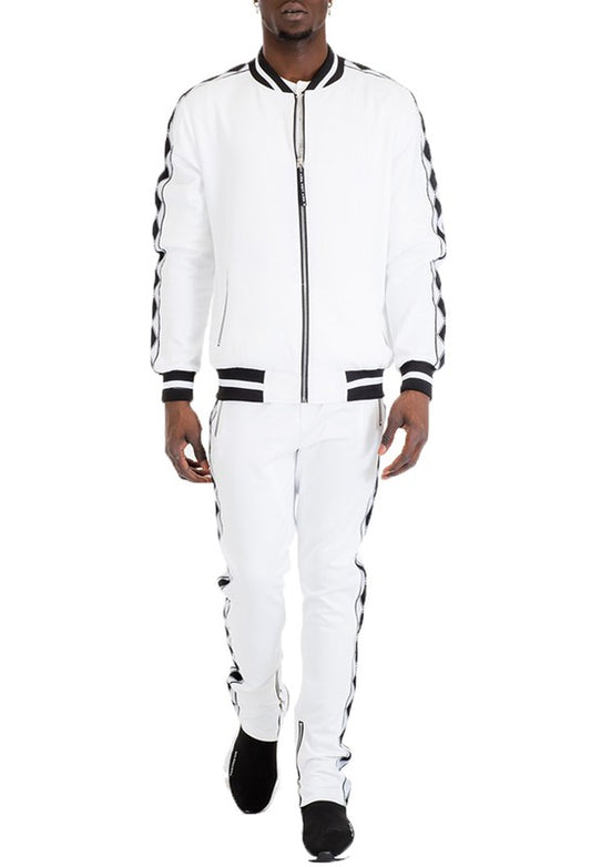 Diamond Tape Tracksuit Set – Premium Full Zip Streetwear Set WHITE