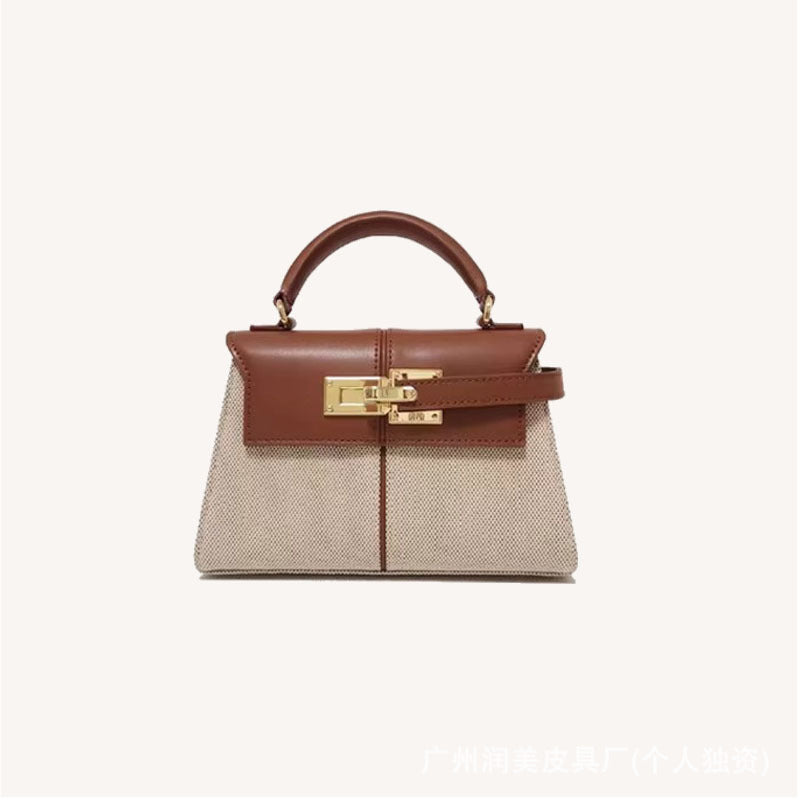 Trapezoidal Leather Shoulder Bag – Structured Luxury Crossbody Handbag Canvas brown - Small size