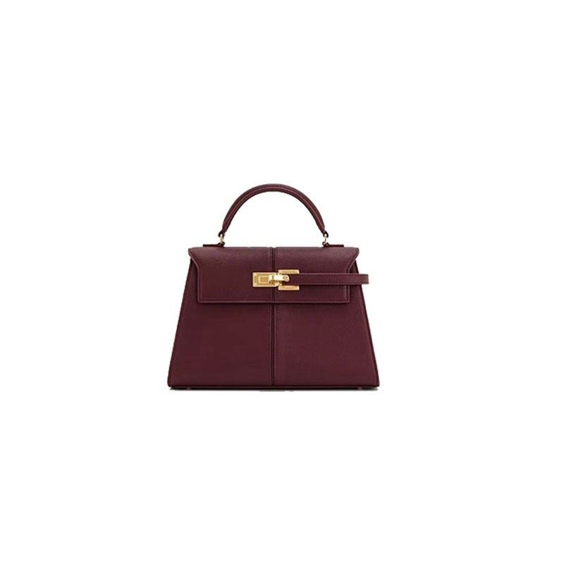 Trapezoidal Leather Shoulder Bag – Structured Luxury Crossbody Handbag Wine red - Small size