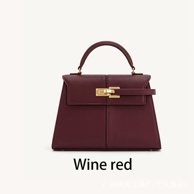 Trapezoidal Leather Shoulder Bag – Structured Luxury Crossbody Handbag Wine red - Large size