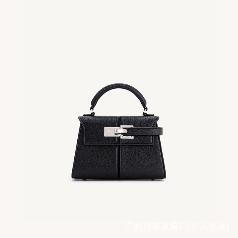 Trapezoidal Leather Shoulder Bag – Structured Luxury Crossbody Handbag Black - Small size