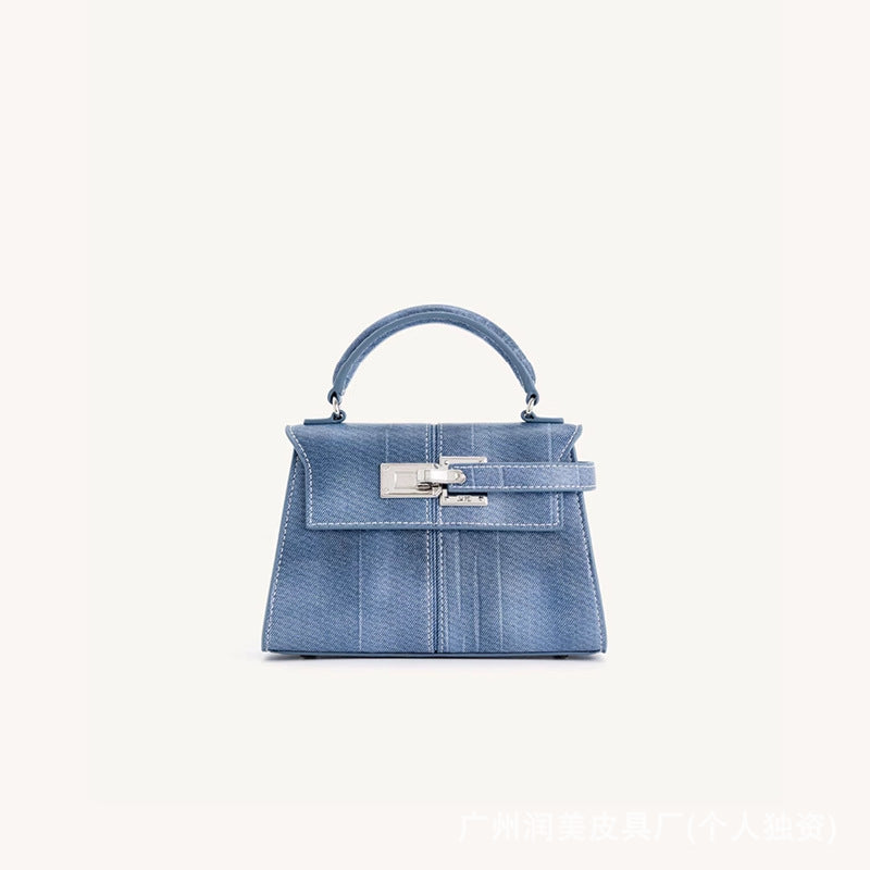 Trapezoidal Leather Shoulder Bag – Structured Luxury Crossbody Handbag Denim blue - Small size
