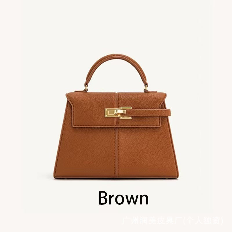 Trapezoidal Leather Shoulder Bag – Structured Luxury Crossbody Handbag Brown - Large size