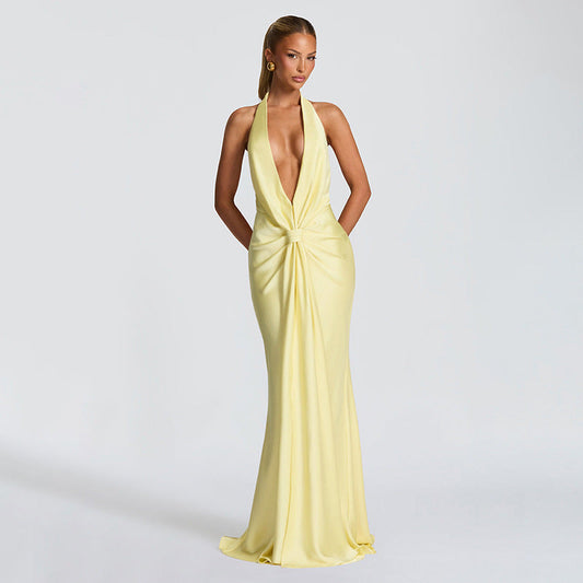 Women's Deep V Halter Backless Pleated Maxi Dress | Elegant Bodycon Evening Gown