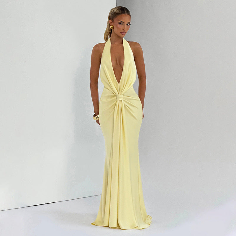 Women's Deep V Halter Backless Pleated Maxi Dress | Elegant Bodycon Evening Gown M Yellow