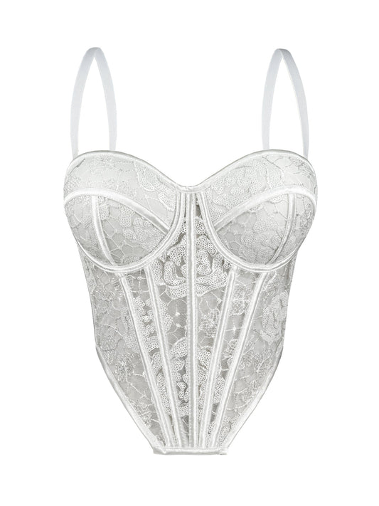 White lace corset on a white background