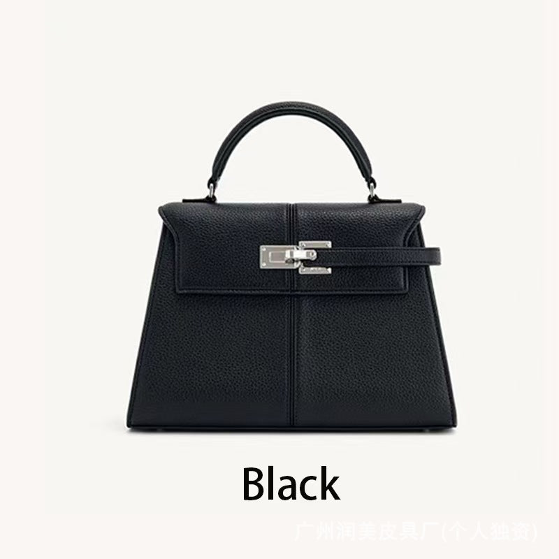Trapezoidal Leather Shoulder Bag – Structured Luxury Crossbody Handbag Black - Large size