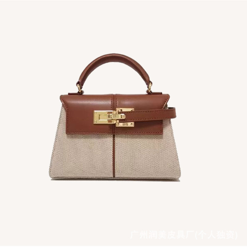 Trapezoidal Leather Shoulder Bag – Structured Luxury Crossbody Handbag Canvas brown - Large size
