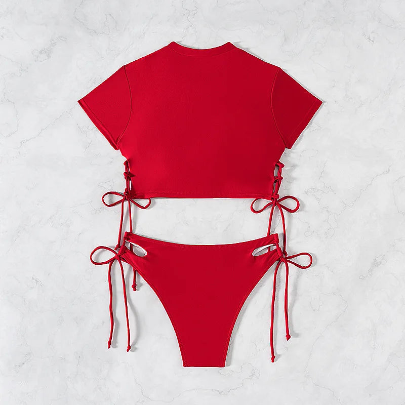 Women's Short-Sleeve Bikini Set | Two-Piece Modest Swimsuit with Drawstring – Red & Black