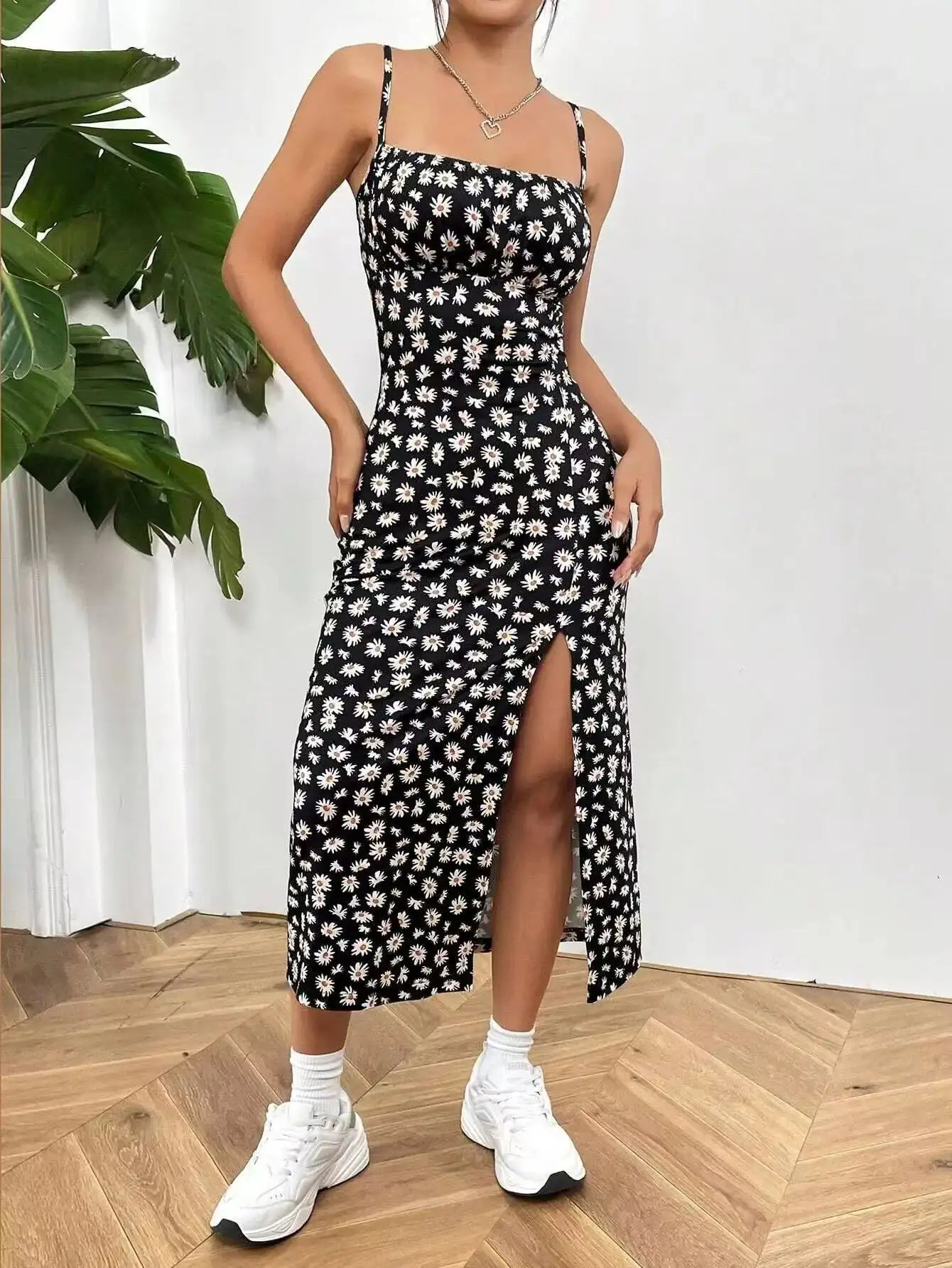 The Printed Halter Midi Dress – Empire Waist, Pencil Silhouette, Black & Light Blue