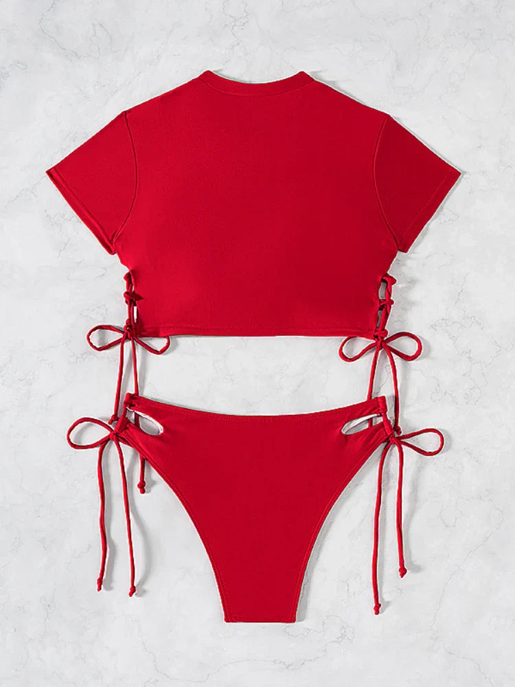 Women's Short-Sleeve Bikini Set | Two-Piece Modest Swimsuit with Drawstring – Red & Black
