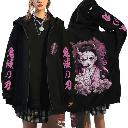 Kamado Nezuko Merch Zipper Hoodie Demon Slayer Oversized Black