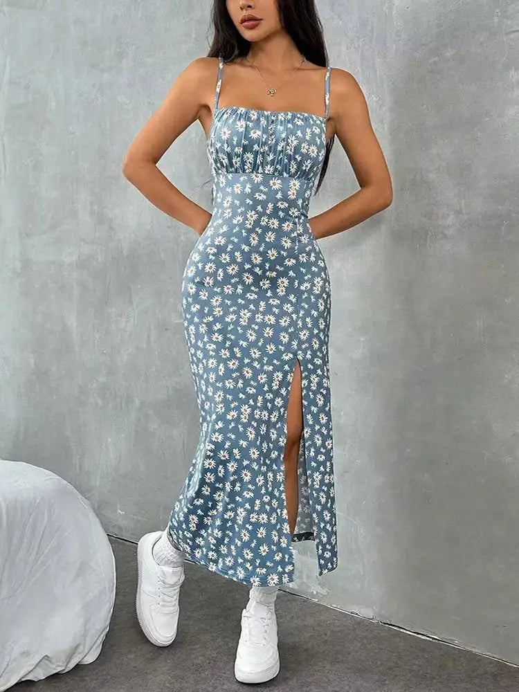 The Printed Halter Midi Dress – Empire Waist, Pencil Silhouette, Black & Light Blue