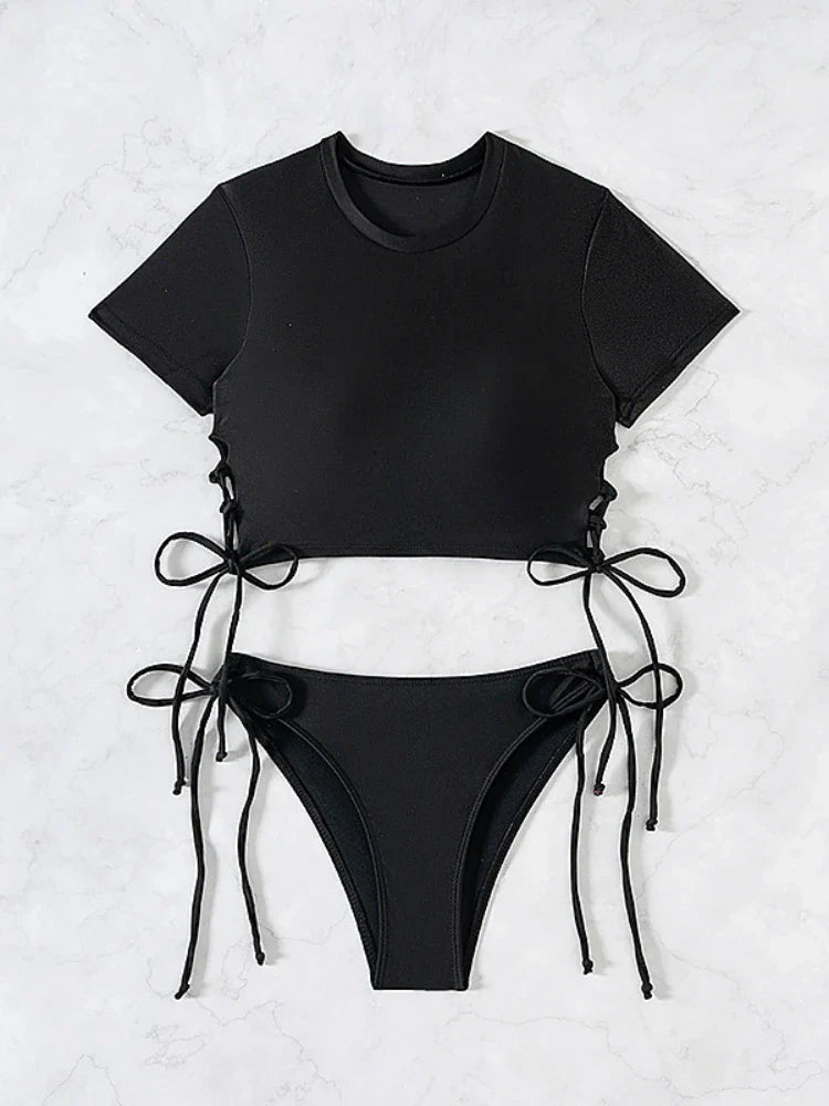 Women's Short-Sleeve Bikini Set | Two-Piece Modest Swimsuit with Drawstring – Red & Black