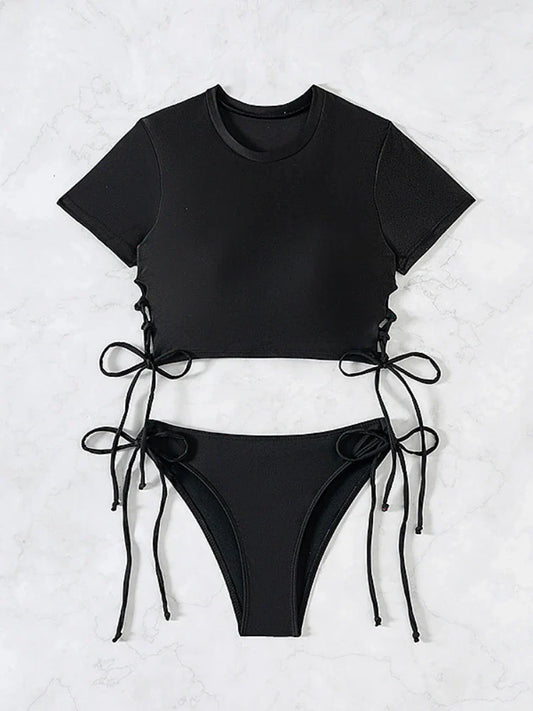 Women's Short-Sleeve Bikini Set | Two-Piece Modest Swimsuit with Drawstring – Red & Black