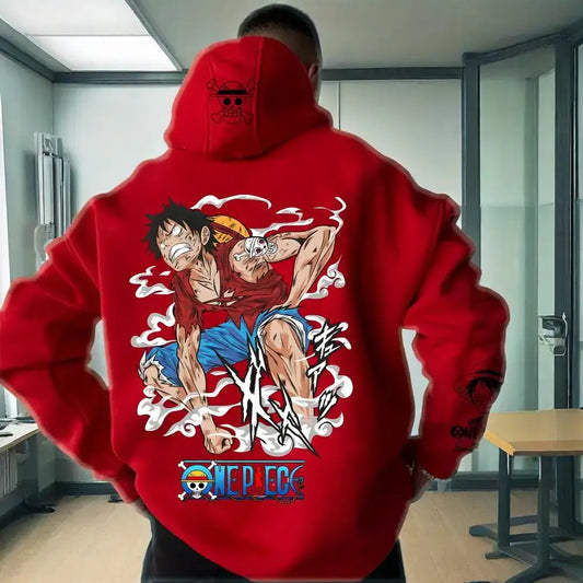 Person wearing a red hoodie with a character design and 'One Piece' logo.
