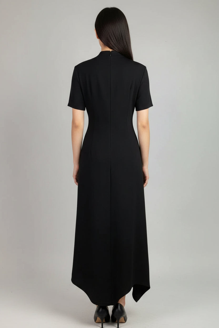 Asymmetrical Maxi Dress – High-Low Hem Short Sleeve Button Detail Dress Black Dresses S United States