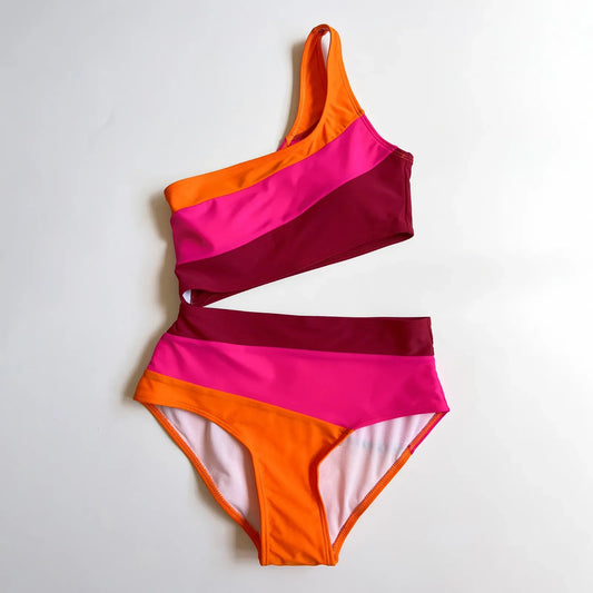 One-Shoulder Color Block Swimsuit Set - Halter Style