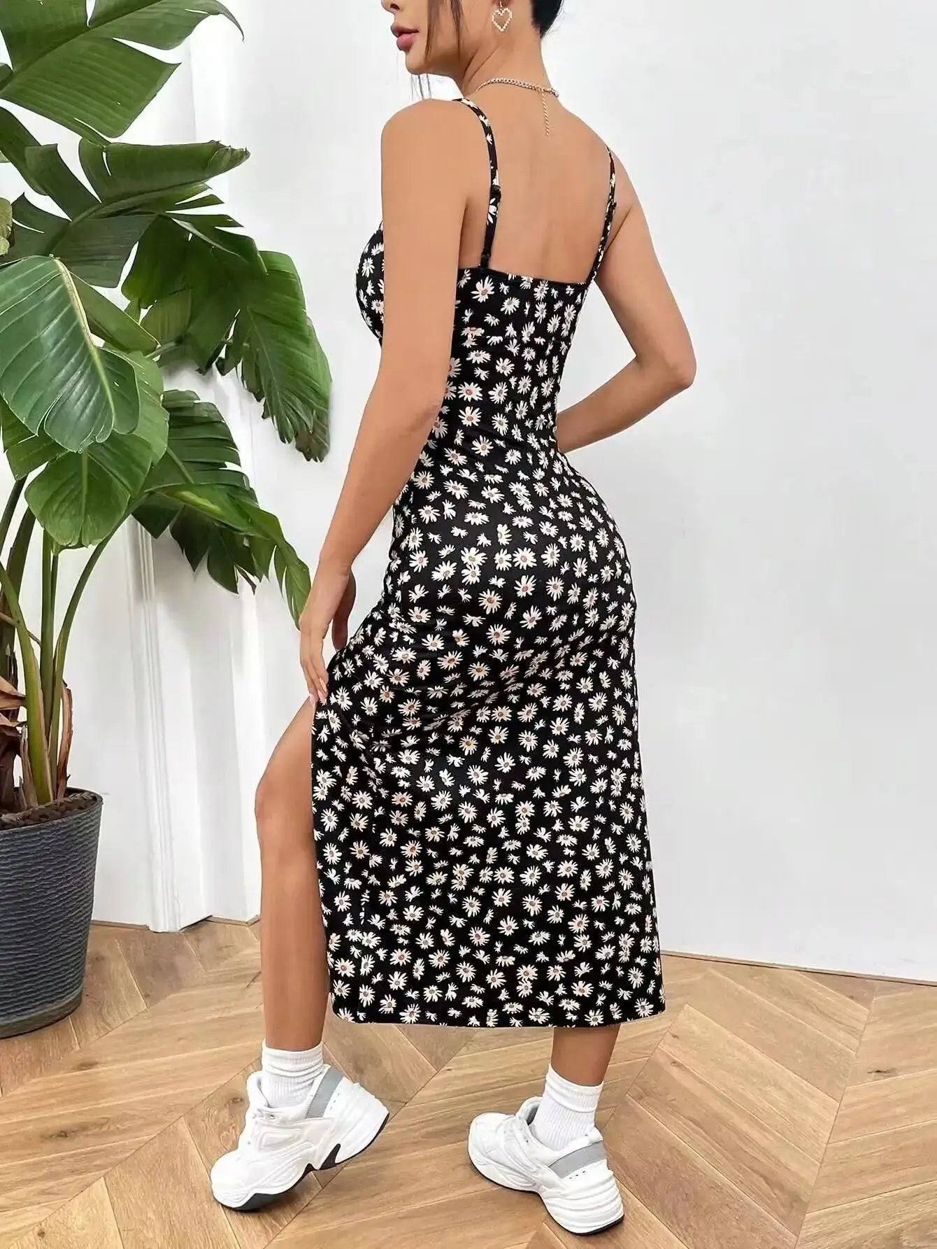 The Printed Halter Midi Dress – Empire Waist, Pencil Silhouette, Black & Light Blue