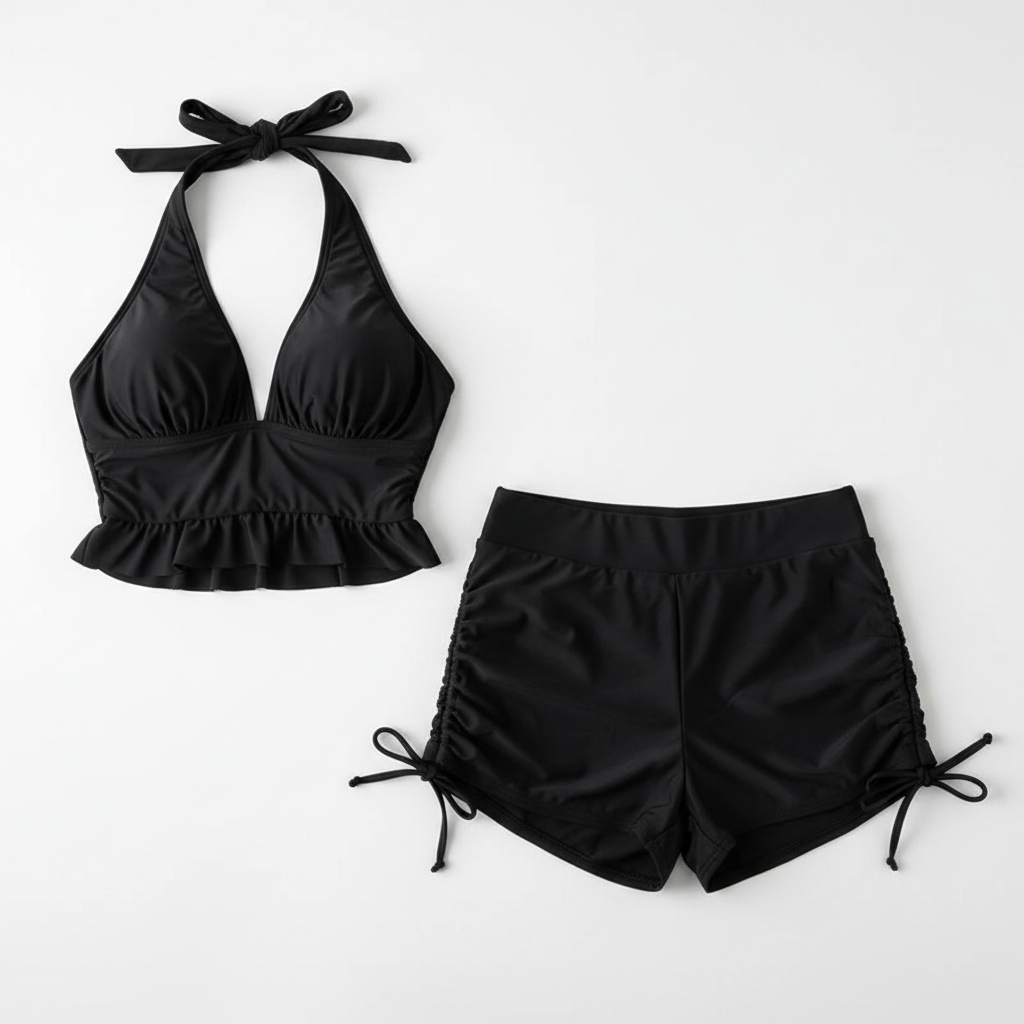 Ruffle Backless Swimsuit Set - Two-Piece with Shorts