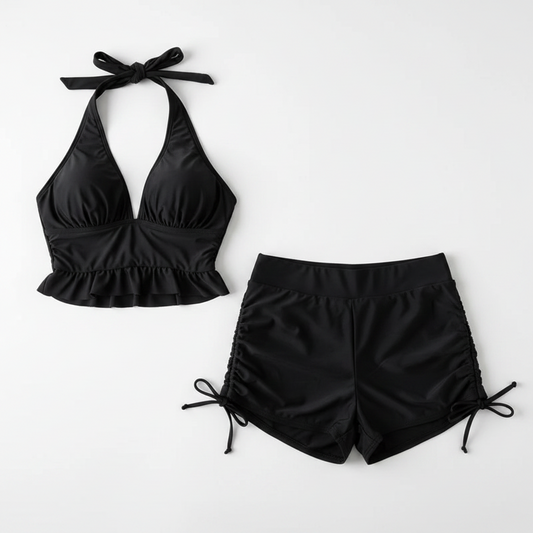 Ruffle Backless Swimsuit Set - Two-Piece with Shorts
