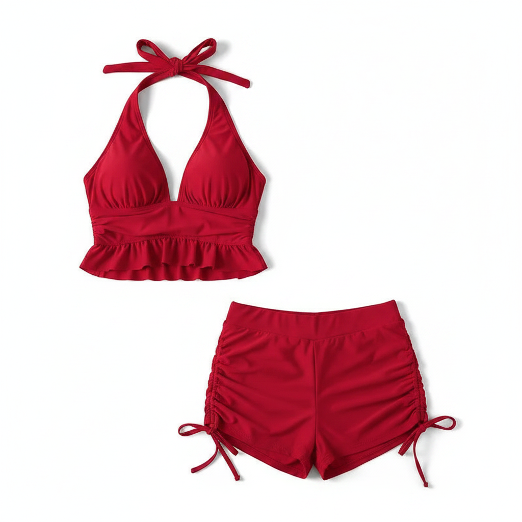 Ruffle Backless Swimsuit Set - Two-Piece with Shorts