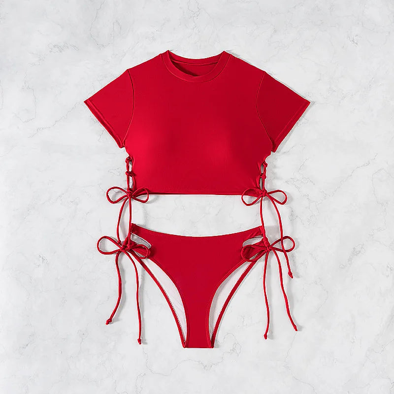 Women's Short-Sleeve Bikini Set | Two-Piece Modest Swimsuit with Drawstring – Red & Black Red