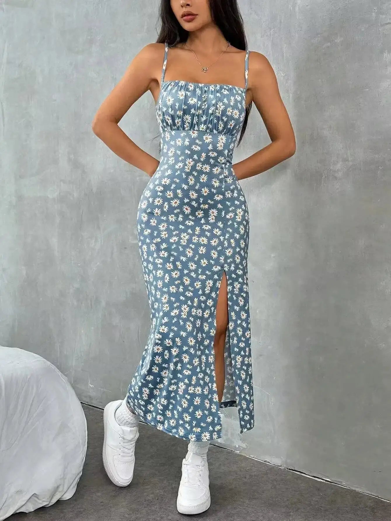 The Printed Halter Midi Dress – Empire Waist, Pencil Silhouette, Black & Light Blue