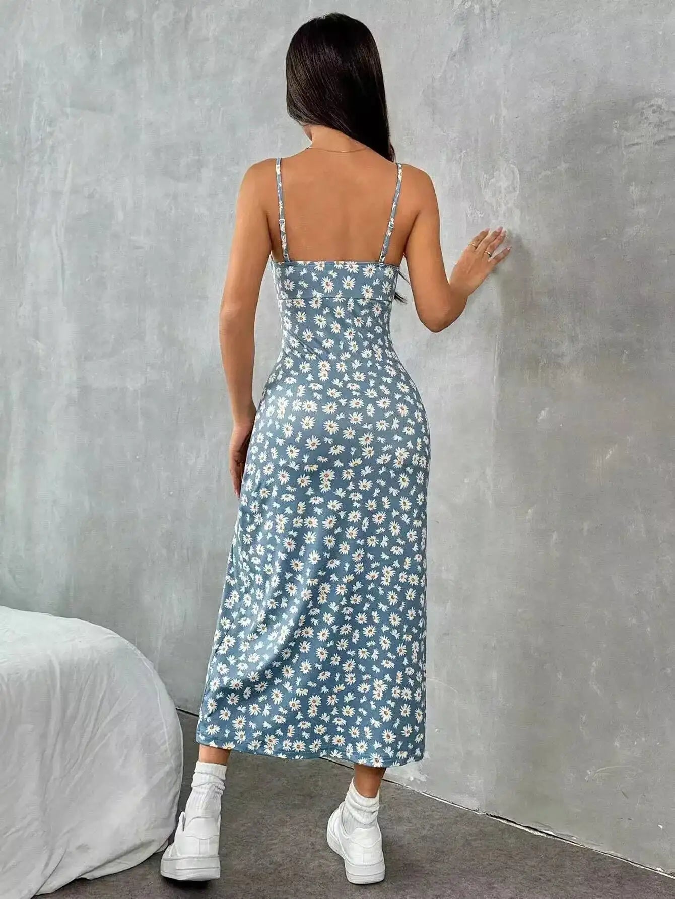 The Printed Halter Midi Dress – Empire Waist, Pencil Silhouette, Black & Light Blue